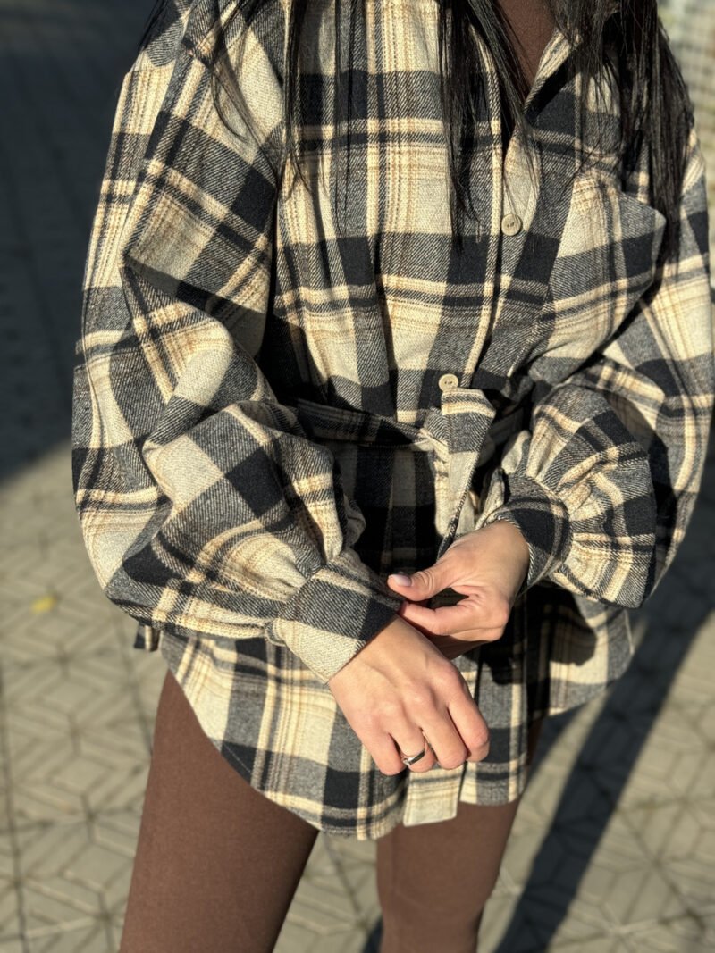 Жіноча сорочка оверсайз  у клітинку двосторонній кашемір на ґудзиках пояс у подарунок