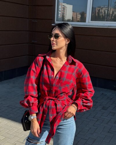 Фланелева сорочка з рукавом «фонарик» та поясом