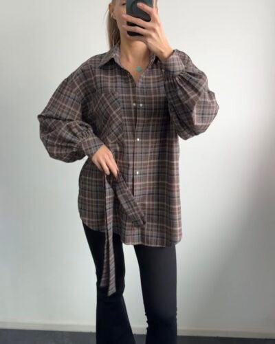 Шоколадна фланелева сорочка з акцентними рукавами-ліхтариками